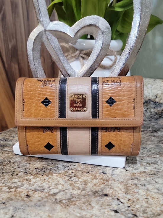MCM Handbags - MCM Cognac Cream  Black Visetos Tri-fold Wallet